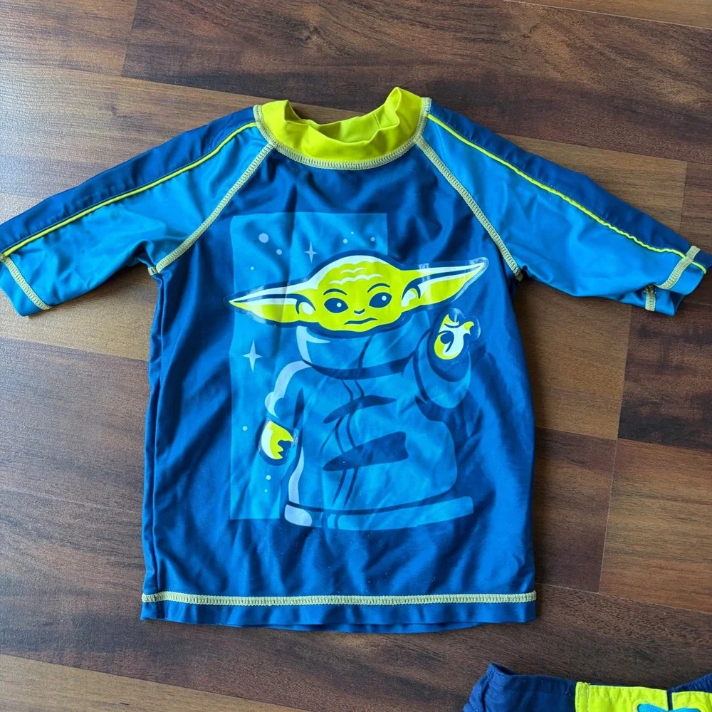 Disney Star Wars Grogu Baby Yoda Rash Guard and Swim Trunks Set Blue‎ Lime Kids